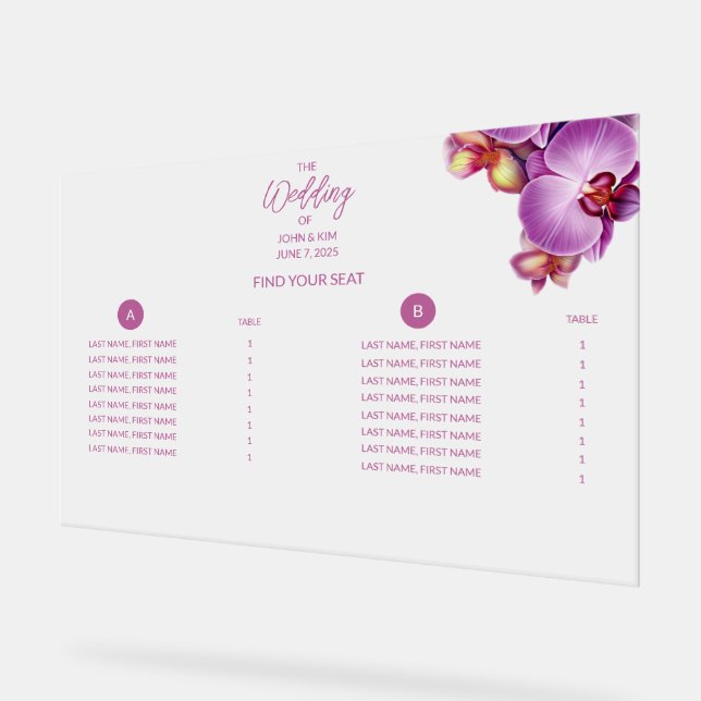 Carte de siège acrylique Mariage d'orchidées (Angle)