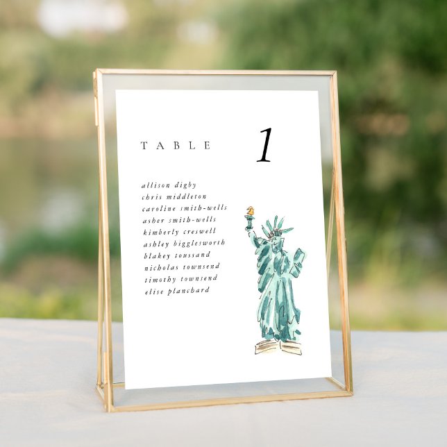 Carte de siège du Mariage de la Statue de la Liber (Watercolor Statue of Liberty chic New York City skyline wedding table number cards.)