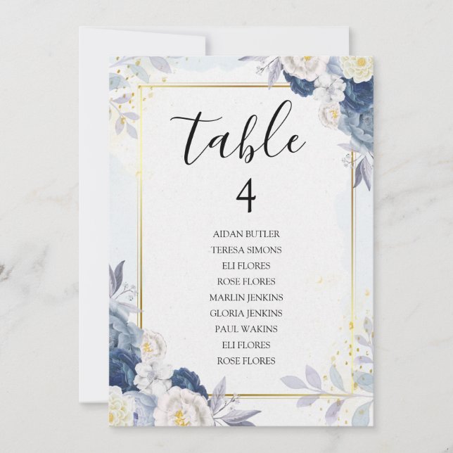 Carte de siège Mariage Dusty Blue et Gold Floral (Devant)