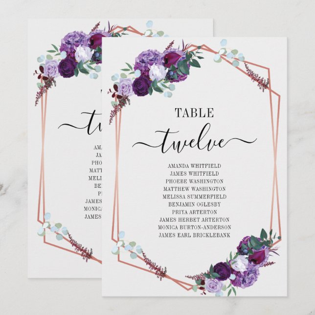 Carte de siège Mariage Floral Géométrique Violet (Devant / Derrière)