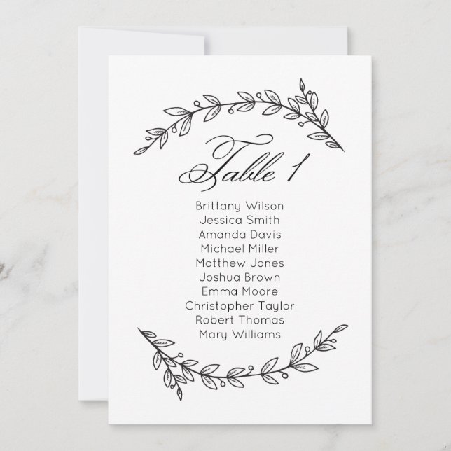 Carte de sièges mariage simple fleurie. Tableau 1 (Devant)