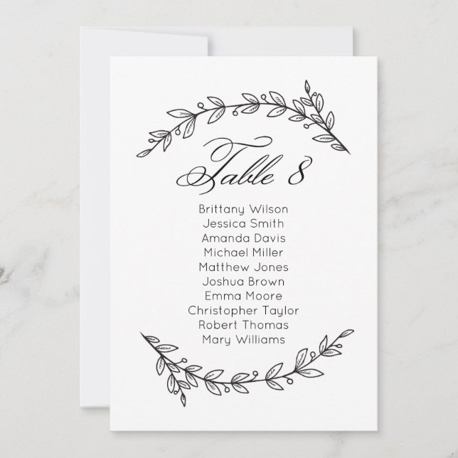 Carte de sièges mariage simple fleurie. Tableau 8 (Devant)