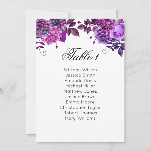 Carte de sièges violet. Plan de table mariage flor (Devant)