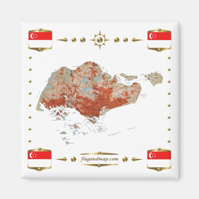 Carte de Singapour + Magnet des drapeaux (Devant)