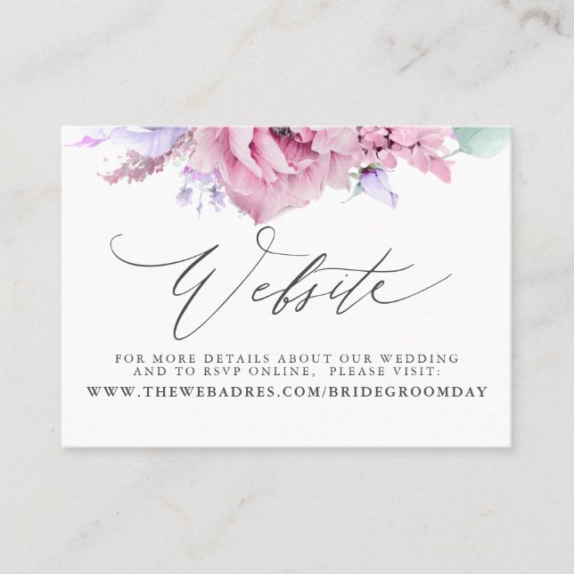 Carte de site Web de Mariage de fleurs rose-pourpr (Devant)