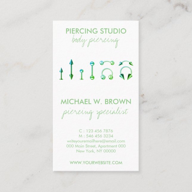 Carte de soin verte pour le perçage des bijoux du  (Devant)