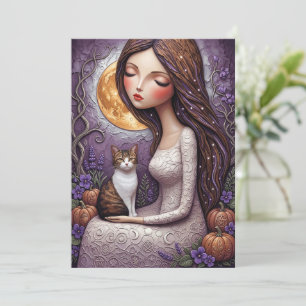 Carte de sorcière fantaisiste chat Halloween lune