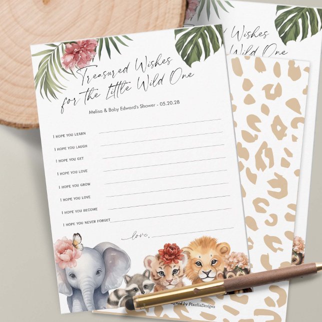 Carte de souhaits de bébé Safari Wild One Baby Gir (Baby Girl Shower wishes for baby game, Wild One Safari Animals Themed Baby Shower.)