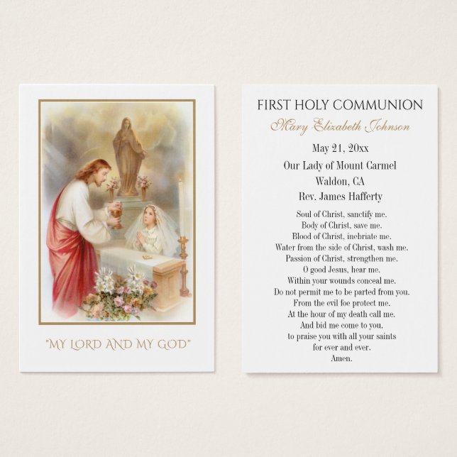 Carte de souvenir catholique de communion de jeune (Devant & derrière)