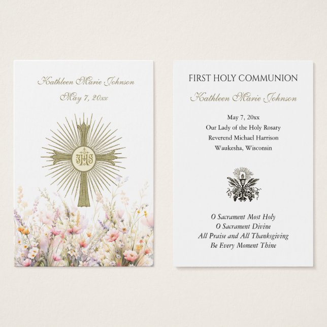 Carte de souvenir de la première communion florale (Devant & derrière)