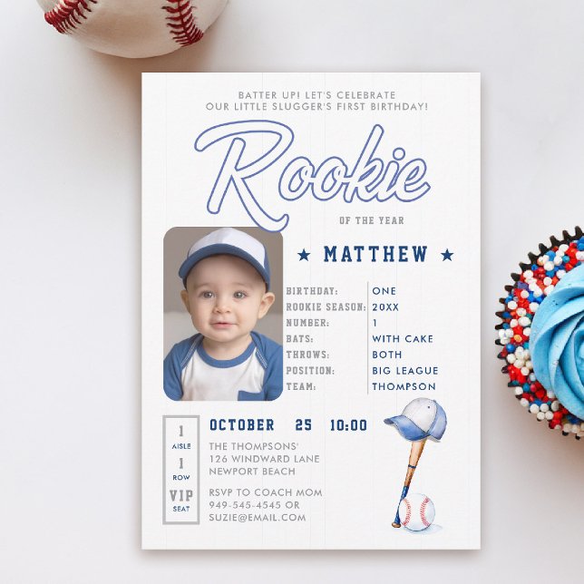 Carte de statistiques de baseball Rookie Photo Boy (rookie of the year 1st birthday invite boy baseball theme sports player stats card ticket blue card)