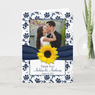 Carte de Sunflower Navy Damask Wedding Thank