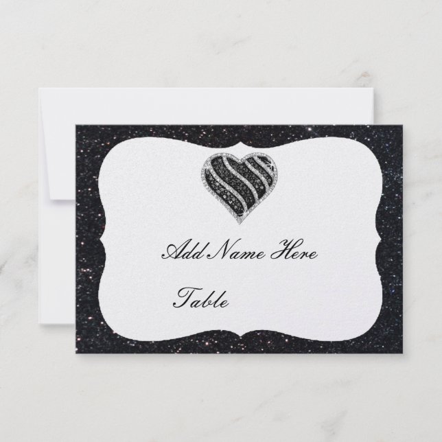 Carte de table à paillettes noires et cœur noir (Devant)