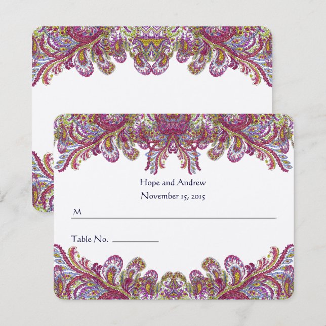 Carte de table de mariage en Damas vert et framboi (Devant / Derrière)