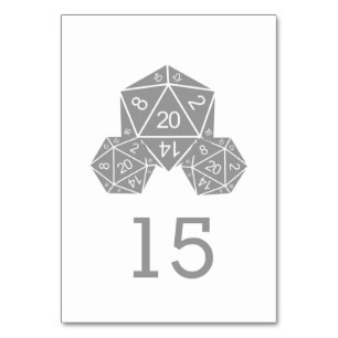 Carte de table de mariage en dés D20 gris