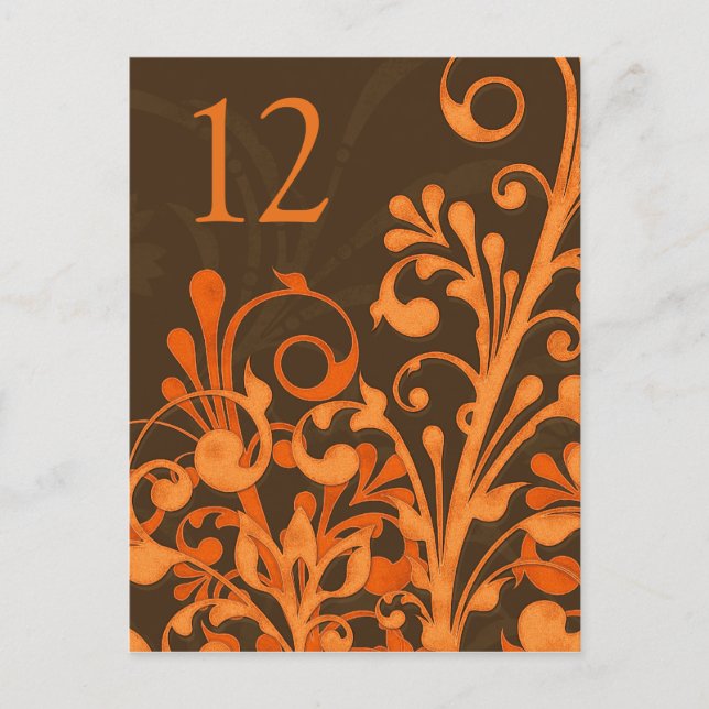 Carte de table de mariage florale orange marron au (Devant)