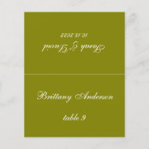 Carte de table de mariage vert olive imprimée avec