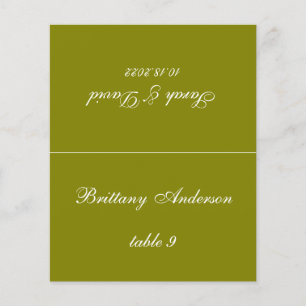 Carte de table de mariage vert olive imprimée avec