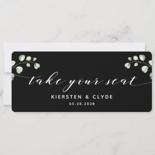 Carte de table en calligraphie blanche et verdure