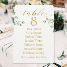 Carte de table en calligraphie dorée et verdure