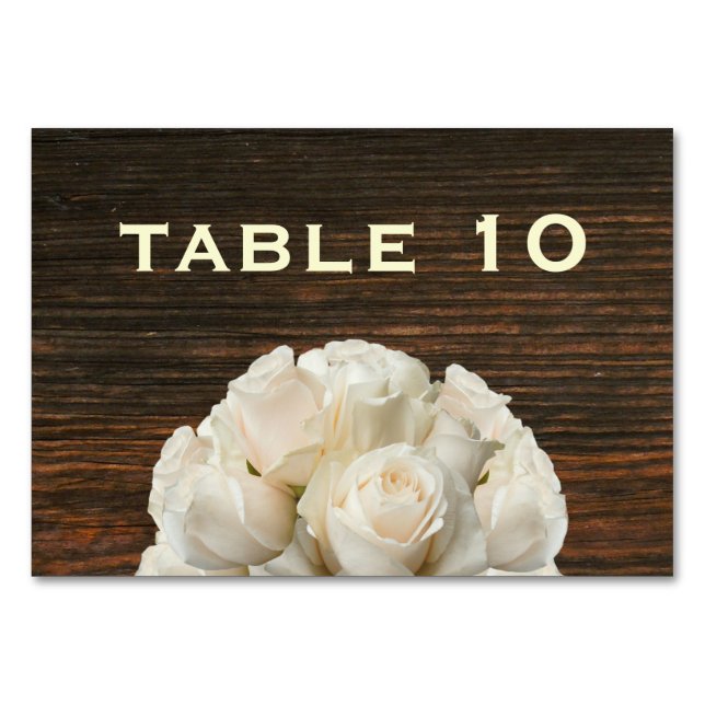 Carte de table Mariage en bois et roses blanches (Devant)