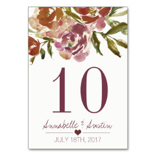 Carte de table Mariage floral Burgundy Marsala Fal