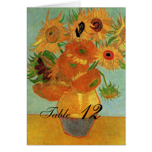 Carte de table mariage, vase avec douze tournesols