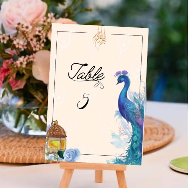 Carte de table musulmane de style paon illustré (Illustrated Peacock Bismillah table Sign)
