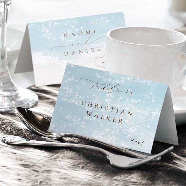 Carte de table pliable Modern Script Hearts Beach (Modern Script Hearts Beach Foldable Place Card)