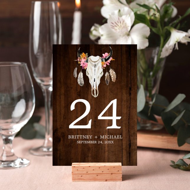 Carte de table Rustic Wood Antler (Rustic wood watercolor skull design on this table number card is perfect for your wedding reception.)