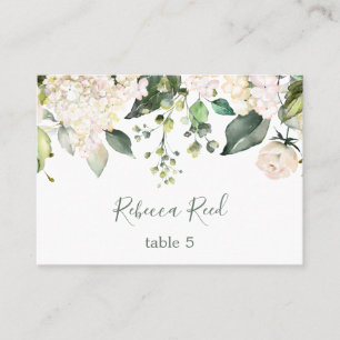 Carte de table verte, hydrangée crème et rose