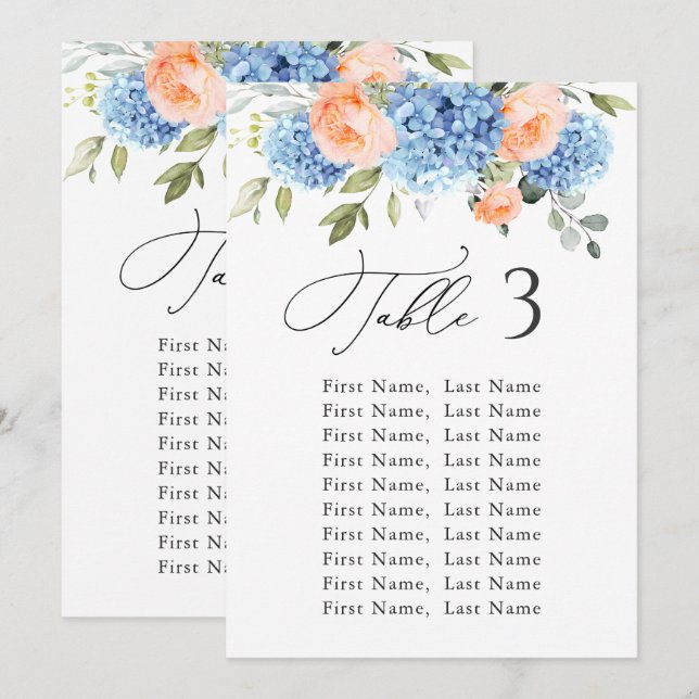 Carte de tableau Blue Hydrangea Numéro de siège Ca (Devant / Derrière)