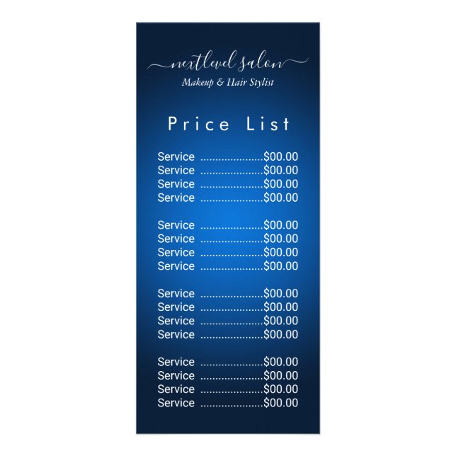 Carte de tarif de salon de coiffure bleu élégant (Devant)