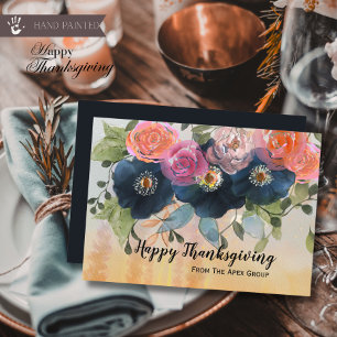 Carte de Thanksgiving d'entreprise Fleurs Bleu Nui