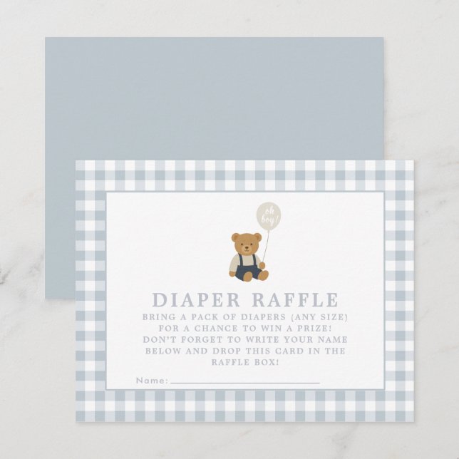 Carte de tombola de couche En vichy bleu Teddy Bea (Devant / Derrière)