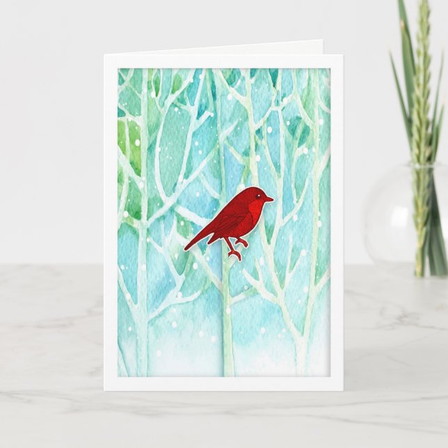 Carte de vacances Arbres aquarelle avec oiseau rou (Devant)