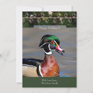 Carte de vacances avec un Drake de canard en bois