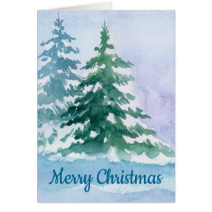 Carte de vacances Birch Pine Tree hiver Aquarelle