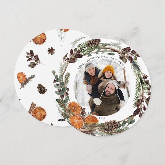 Carte de vacances Boho Winter Citrus Round Photo (Devant / Derrière)