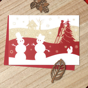 Carte de vacances Bourgogne & Gold Snowmen