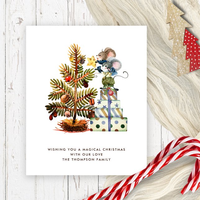 Carte de vacances Budget Mice Christmas Tree (Budget price smaller 4.5 x 5.6" humorous cute mice Christmas Card)