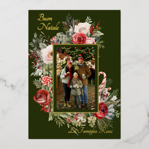 Carte de vacances Buon Natale Photo Floral Foil