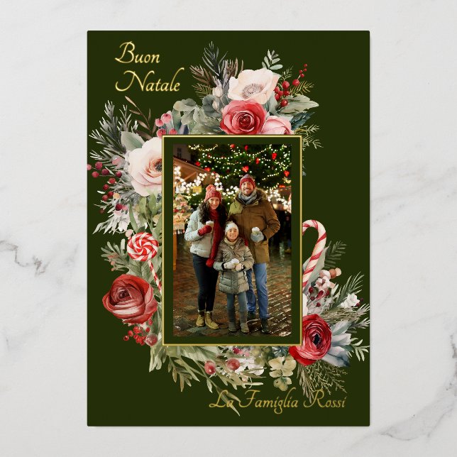Carte de vacances Buon Natale Photo Floral Foil (Recto)