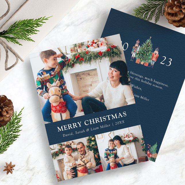 Carte de vacances Collage de photos bleues (2023 Nutcracker Navy Blue Photo Collage Holiday Cards)