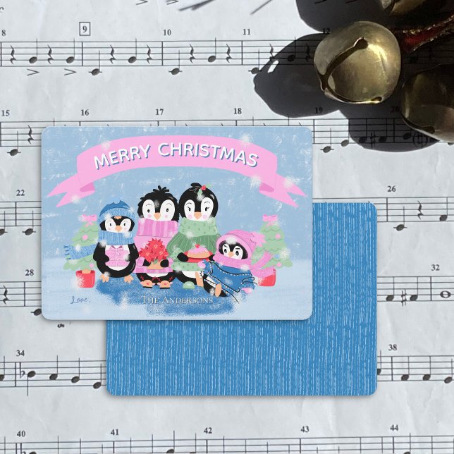 Carte de vacances Cute Penguin Family Blue Flat (Cute penguin family blue  Christmas card .)