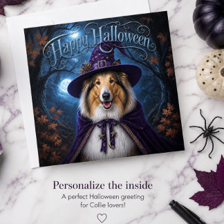Carte de vacances de Halloween sorcière Collie au