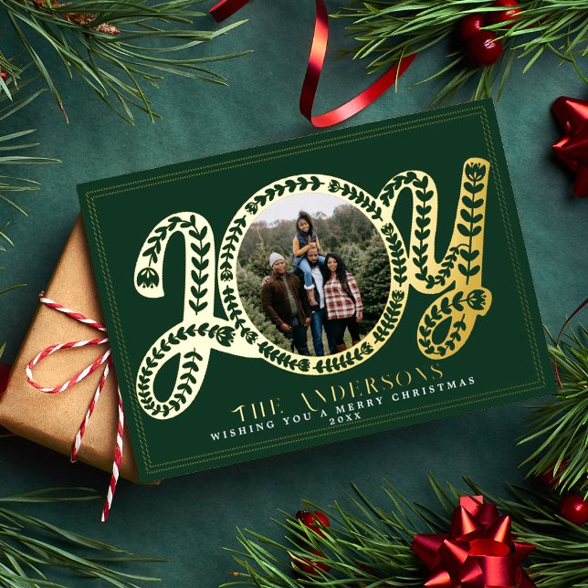 Carte de vacances de Noël Stylish Green Joy avec p (Créateur téléchargé)