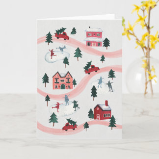 Carte de vacances de village hivernal à l'aquarell