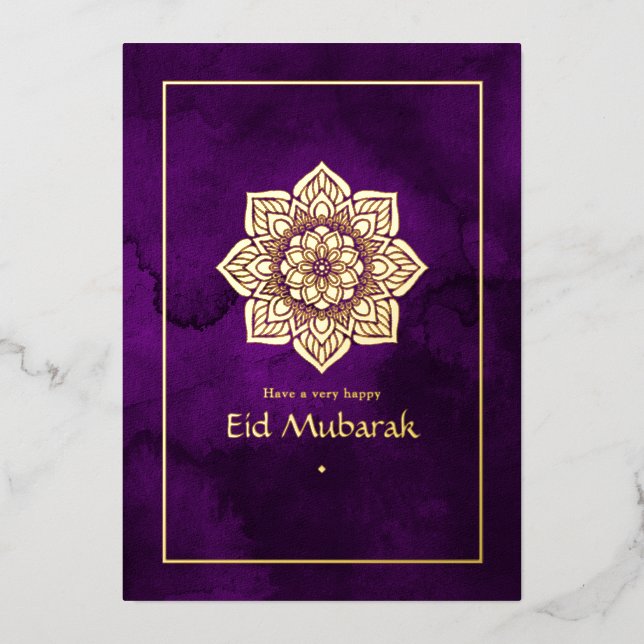 Carte de vacances Eid Moubarak Purple et Gold Foil (Recto)
