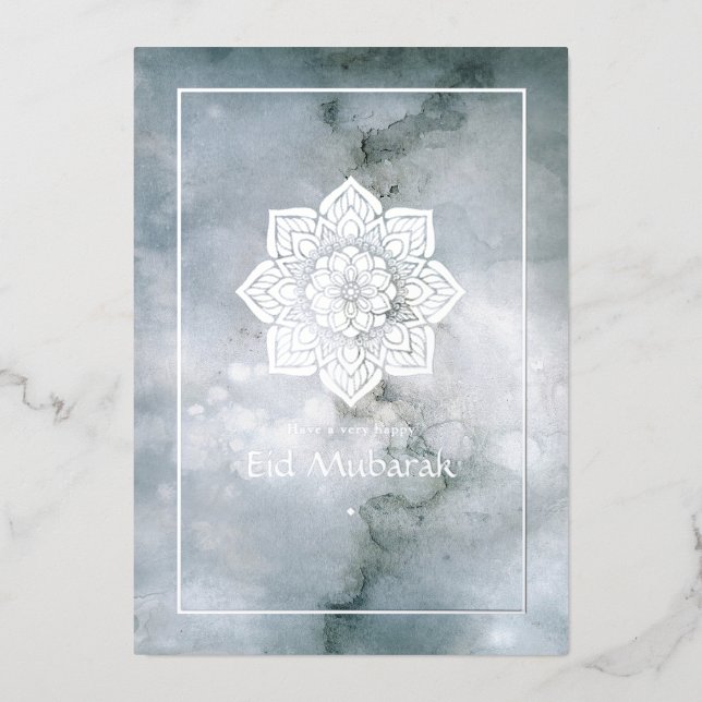 Carte de vacances en argent en marbre Eid Mubarak (Recto)